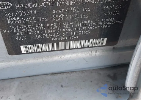 2014 Hyundai Sonata Gls z USA, uszkodzony, nr VIN 5NPEB4ACXEH929185